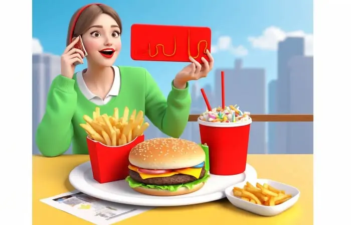 Beautiful Girl Taking Picture of Meal 3D Graphic Illustration